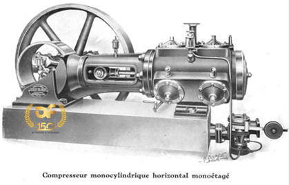 Compresseur à air, à piston mono-étagé, mono-cylindre, horizontal, alimenté par une machine à vapeur (avant 1890). Machine produite par les Etablissements François. 