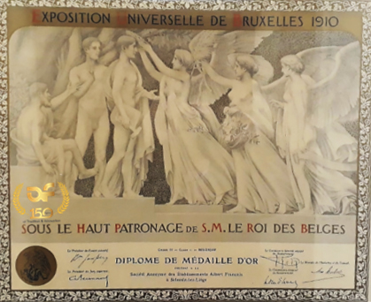 Exposition Universelle de Bruxelles 1910.  Diplôme de médaille d’Or remis aux Etablissements Albert François.